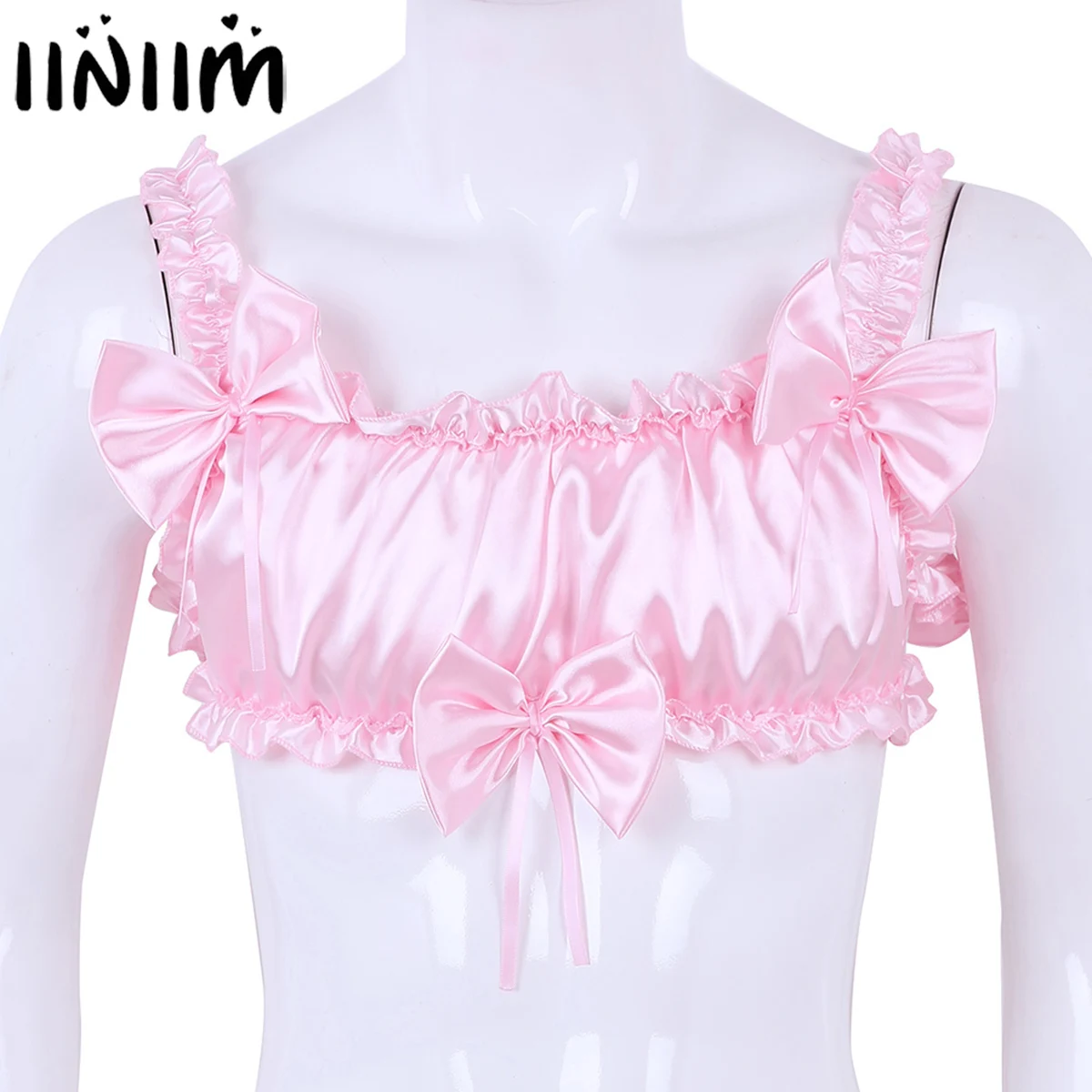 

Mens Women Nightwear Sissy Lingerie Panties Smooth Satin Ruffled Frilly Elastic Wide Straps Backless Wire-free Honeymoon Bra Top