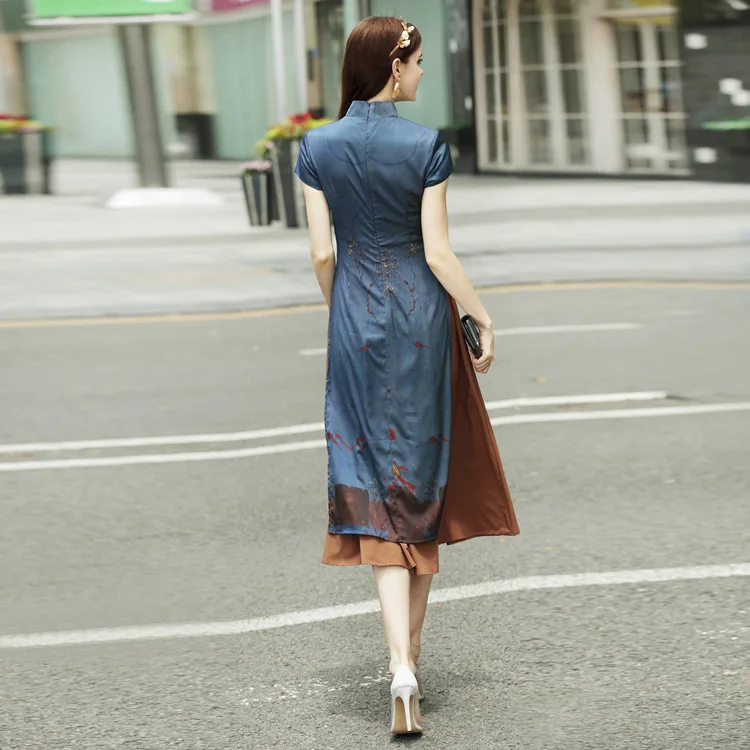 Осень азиатских Костюмы аозай Вьетнам традиционное Ципао Для женщин Китайский обтягивающее платье Chinoise современный Цветочный принт Aodai