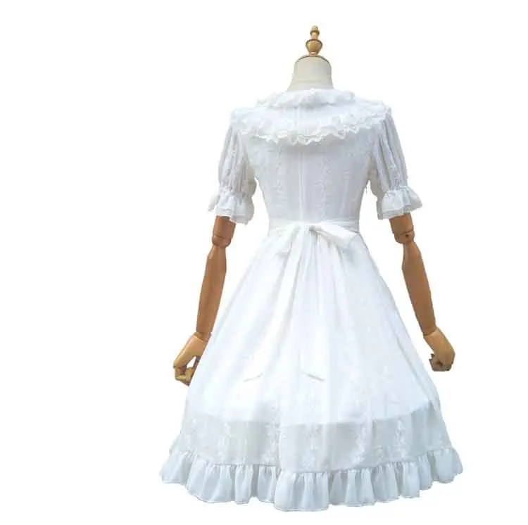 Женские платья в стиле Лолиты с коротким рукавом, кружевное шифоновое белое платье с вышивкой и розой JSK, белое платье для маленькой принцессы, для девушек, размера плюс XL