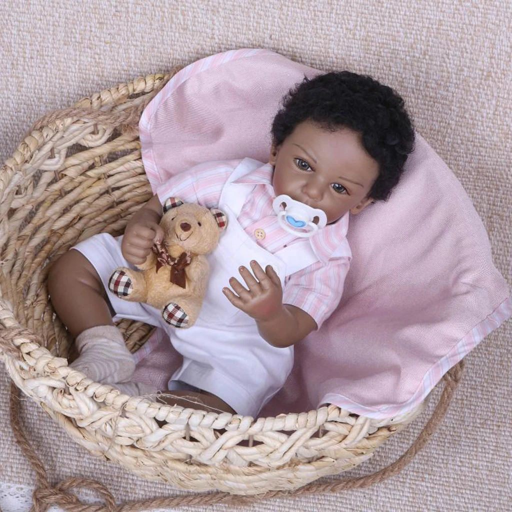 Newborn Baby Doll African American Silicone Vinyl Reborn Baby Dolls Black Hair 