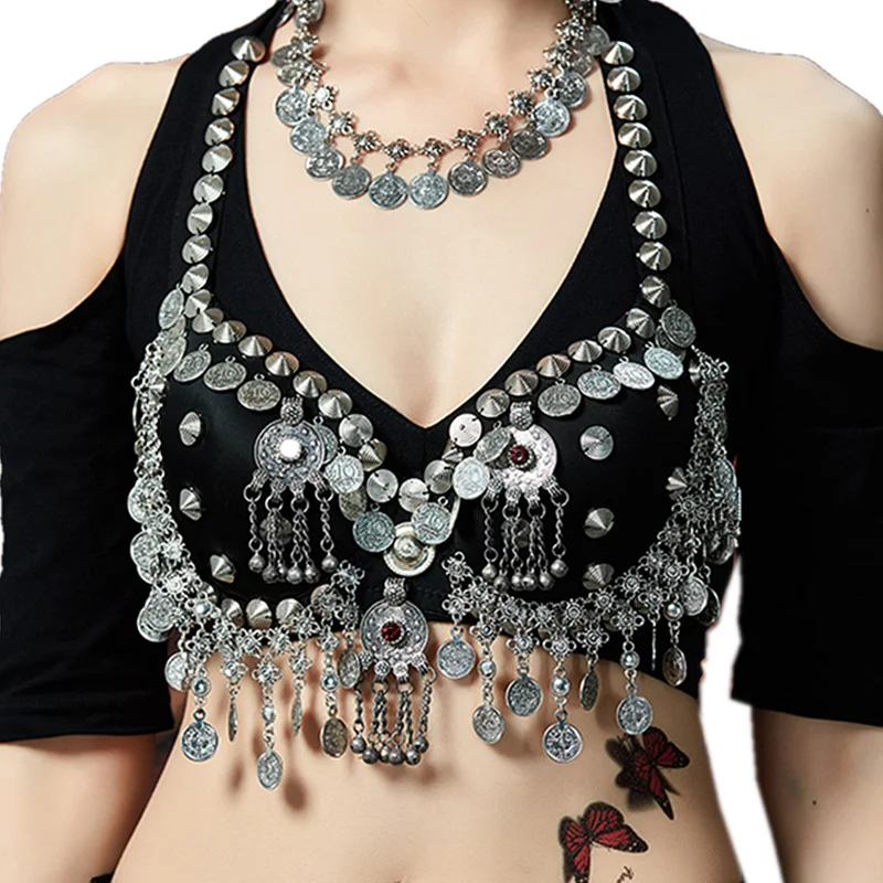 

Women Dancewear Silver Chain Metallic Studs Bra B/C CUP Vintage Coins Bra Gypsy Dance Tops Tribal Belly Dance Bra