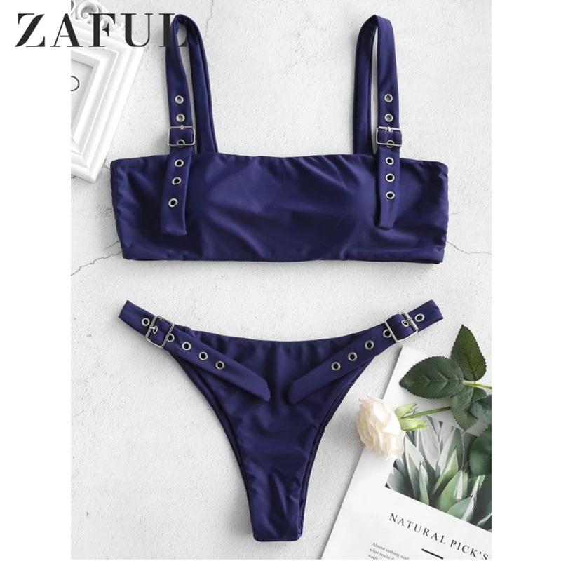 

ZAFUL Sport Black Solid Eyelet Buckle Top With High Leg Bottoms Bikinis Set Sexy Women Square Neck Wireless Bathing Suits
