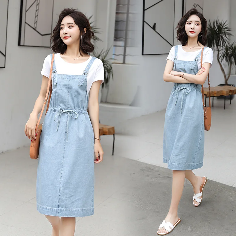 

2019 Summer Woman Denim Dress Korean Edition Sleeveless Spaghetti Strap Solid Elastic Waist Jeans Long Dress Sundress Sarafan