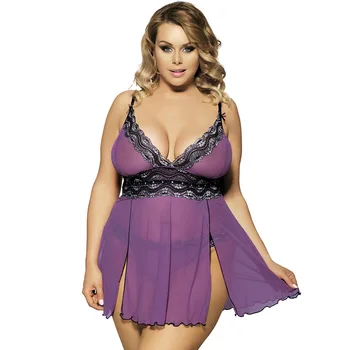 

Women Sexy Short Nightgowns Plus Size 5XL Mesh Nightdress Sleepwear Exotic Apparel Babydolls & Chemises Metallic Lace Babydoll