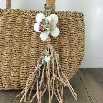

new handmade shell flower with long leather tassel alloy Key Chain For Women Girl Bag Keychain