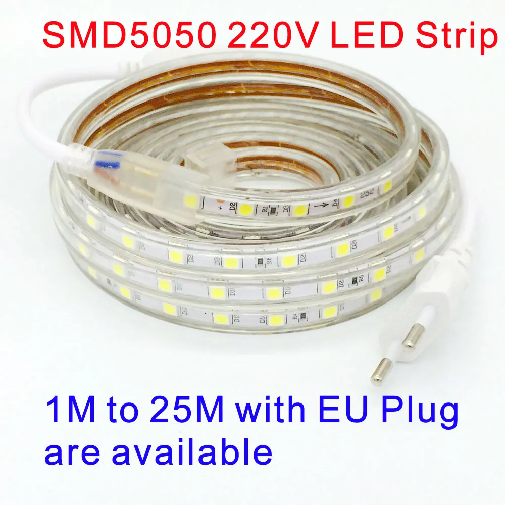 SMD 5050 AC 220 V Светодиодные ленты белый открытый Водонепроницаемый светильник 5 м 10 20