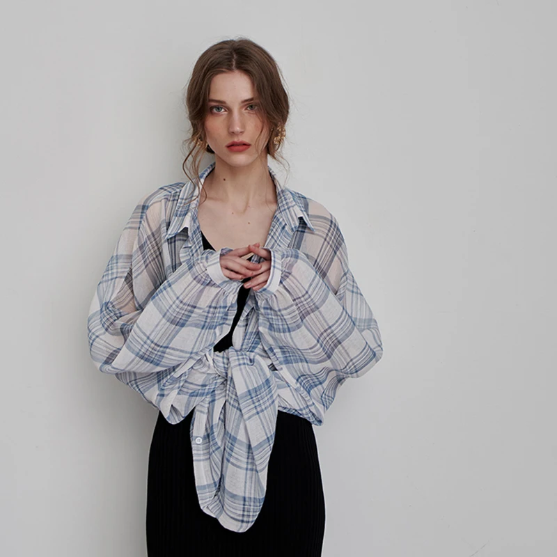 

[EWQ] 2019 Spring Summer Lapel Long Sleeve Plaid Patchwork Single Breasted Shirt England Style Women Fashion Tide AD96405