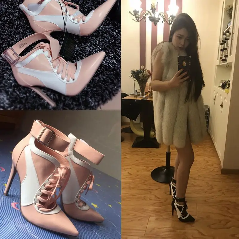 

European and American fashion buckle 11CM color matching lace high heels wild high ankle boots hot sale.