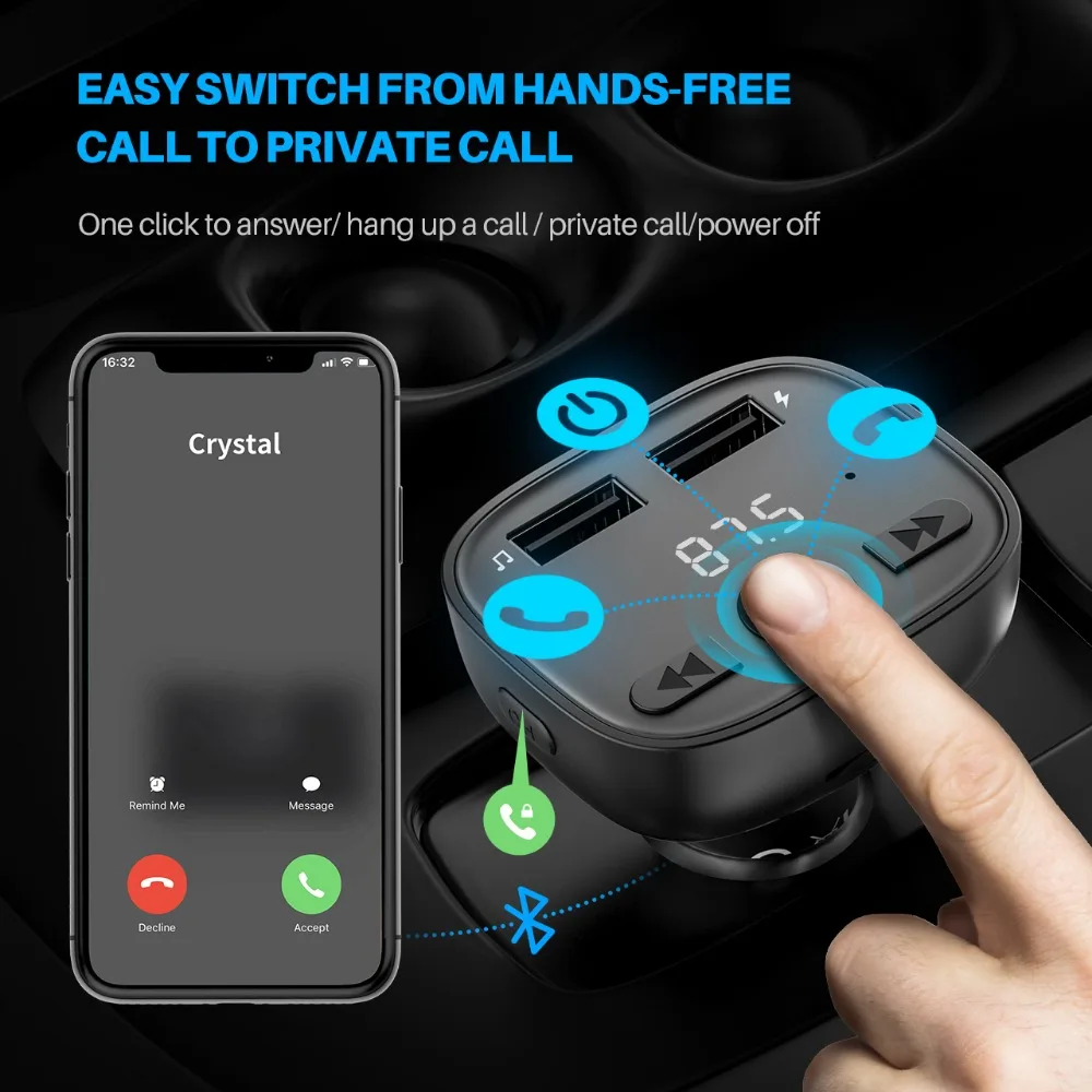 VicTsing Bluetooth FM Transmitter for Car LED Screen Radio Transmitter Wireless Bluetooth Radio Adapter Car Kit 2.4A USB Ports   (4)