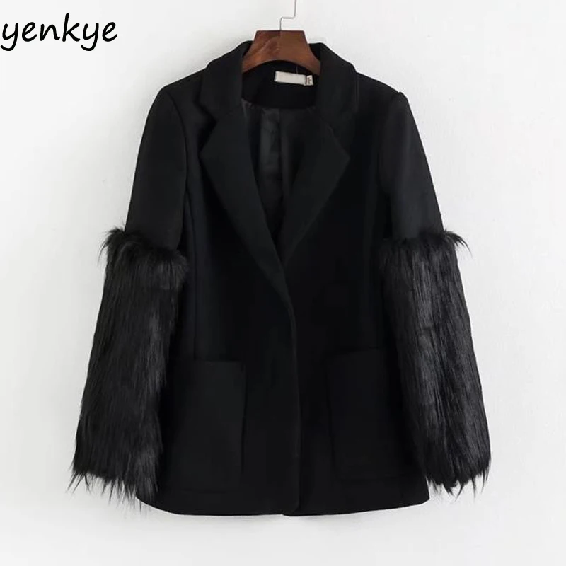 European Style Women Vintage Black Woolen Blazer Faux Fur Cuffs Long
