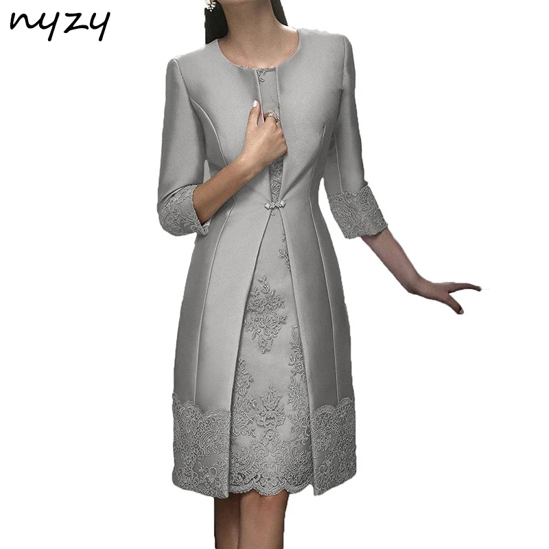 

NYZY M22 Real Silver Mother of the Bride Outfit 2 Piece With Jacket Bolero Mother of the Groom Dresses for Wedding Guest 2019