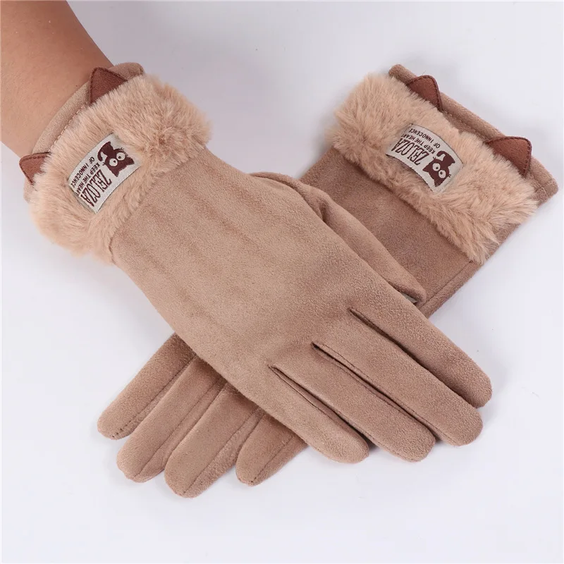 Touch screen gloves ladies winter warm suede leather mittens lovely rabbit cat ears plus velvet thickening driving gloves D33 - Цвет: D33A Khaki