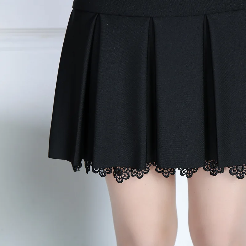 Весна и весна, Женская плиссированная юбка, корейская мода, тонкая, сексуальная, кружевная, высокая талия, трапециевидная юбка размера плюс, черные мини юбки