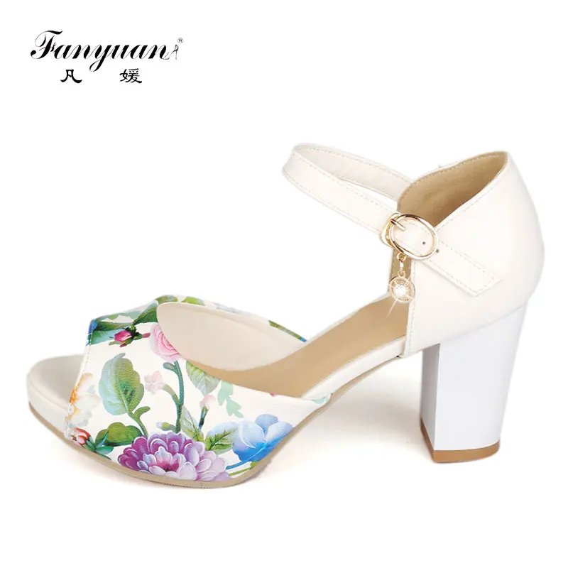 

Fanyuan Women Sandals Platform Shoe Open Toe Woman Heeled Sandals 2018 Summer Printed Chunky High Heels Party Dress Sandals