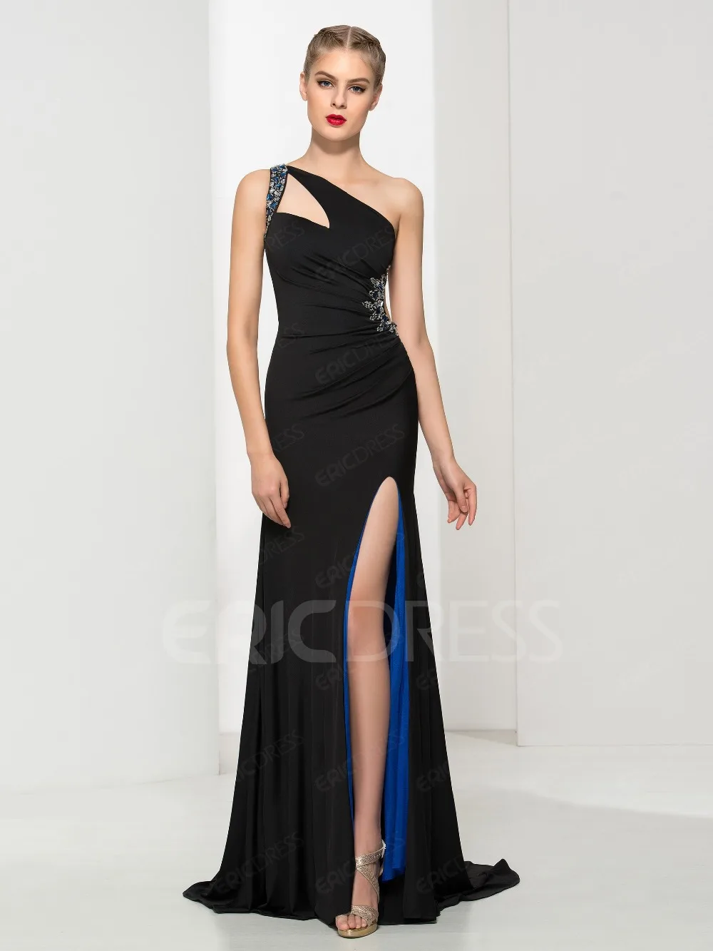 2016 New Arrival Sexy Black Sheath Prom Dresses One Shoulder Split Dress Crystal Beaded Sweep Train Chiffon Evening Gowns | Свадьбы и