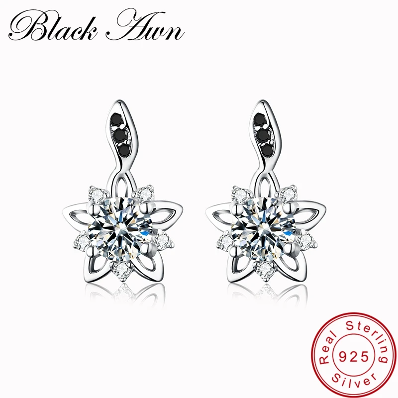 

[BLACK AWN] Genuine 925 Sterling Silver Fine Jewelry Flower Black&White Stone Engagement Stud Earrings for Women T032