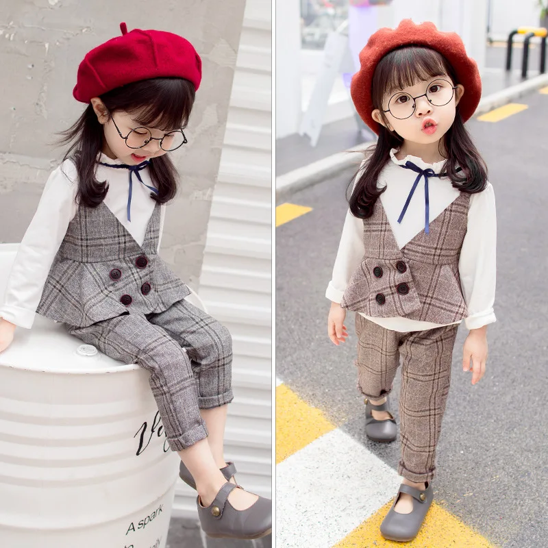 

2018 Girl Toddler Clothing Clothes Three 3pcs Plaid Vest Shirts+pants Autumn Winter Christmas Outfit Babes Bebes Suit 12M 6T