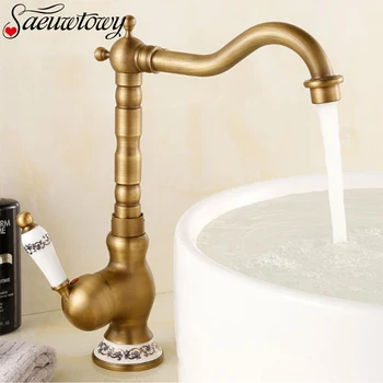 

Antique Brass Bathroom Basin Faucet Deck Mounted Kitchen Faucet Hot and Cold Water Mixer Sink Tap with Porcelain Cover