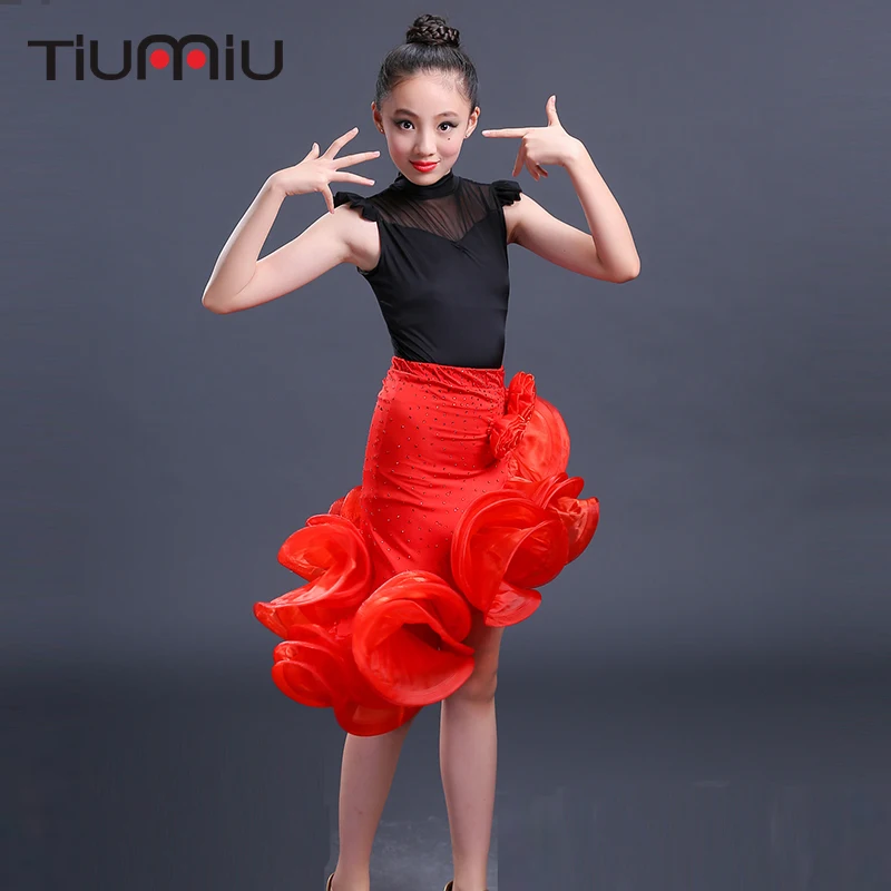 

latin dance dress for girls children salsa for competition wear red skirts costumes ballroom dancing dresses kid's stage dancing