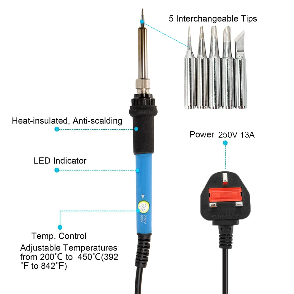 Электрический паяльник с регулируемой температурой для ЕС/США/Великобритании, 60 Вт, пинцет, паяльная проволока, портативный сварочный инструмент для ремонта