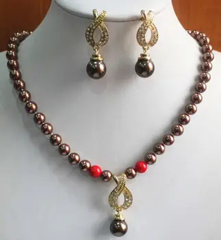 

New 8mm Shell Coffee Pearl Necklace+14mm Earring Pendant Jewelry Set