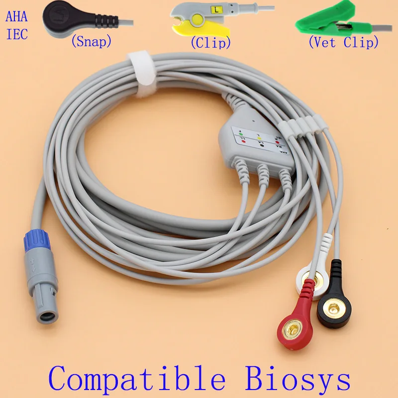 

Redel 6pins ECG EKG 3 leads cable and electrode leadwire for Biosys BPM-103,AHA/IEC,Snap/Clip/Vet clip connector