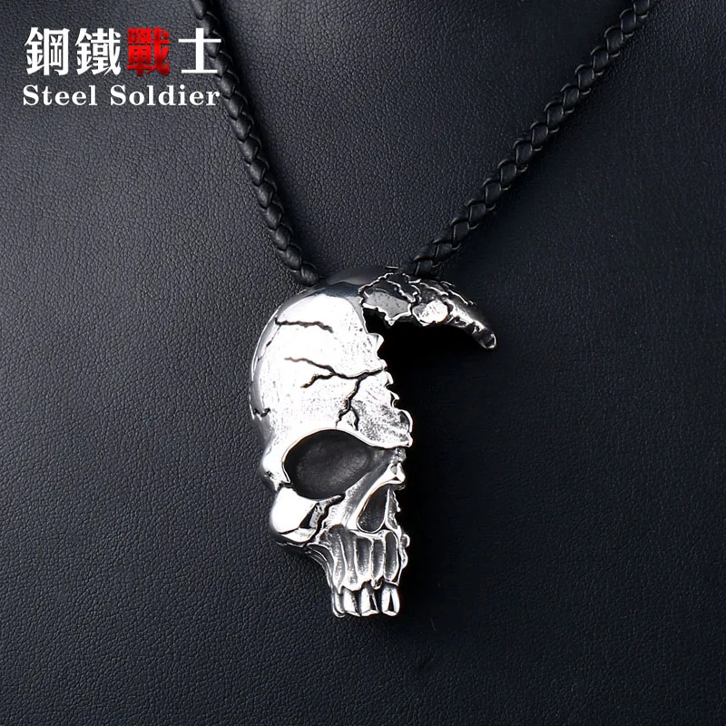

Steel soldier demonic incomplete skull face pendant punk men biker necklace chain stainless steel personality jewelry