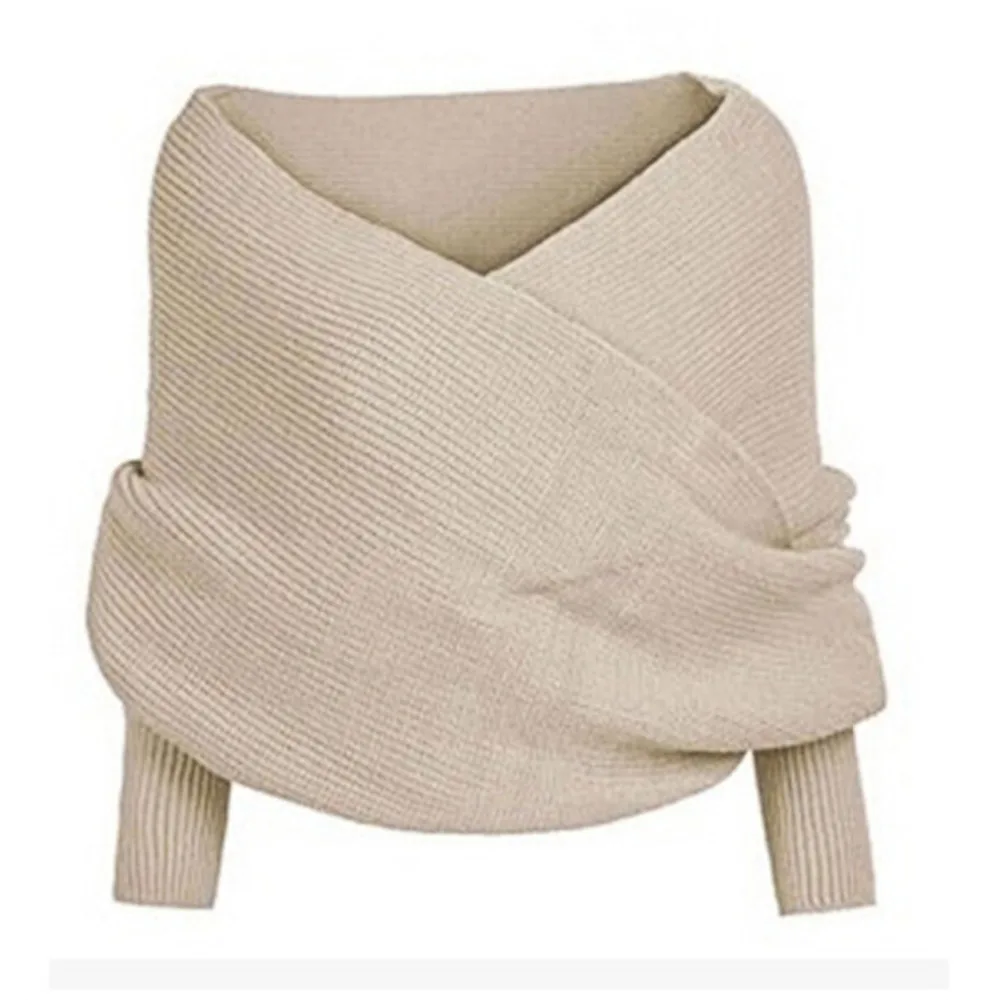 В ручную вязаные с открытыми плечами короткий свитер; вязаная одежда; джемпер Обёрточная бумага шарф-шаль с отложным воротником теплая