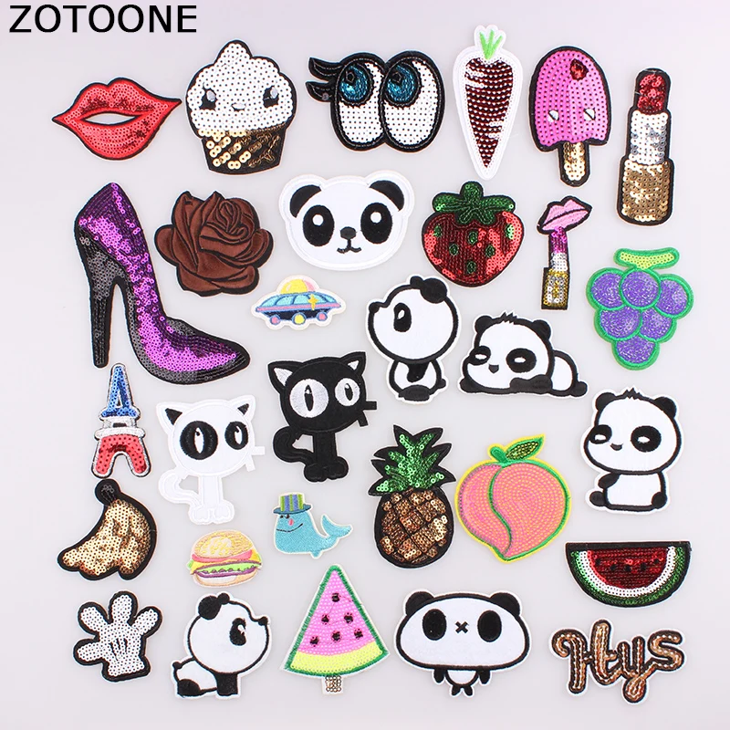 

ZOTOONE Embroidery Animal Fruit Food Letter Patch Iron On Eye Cat Sequin Patches Bags Applique Fabric For Clothes DIY Badges D