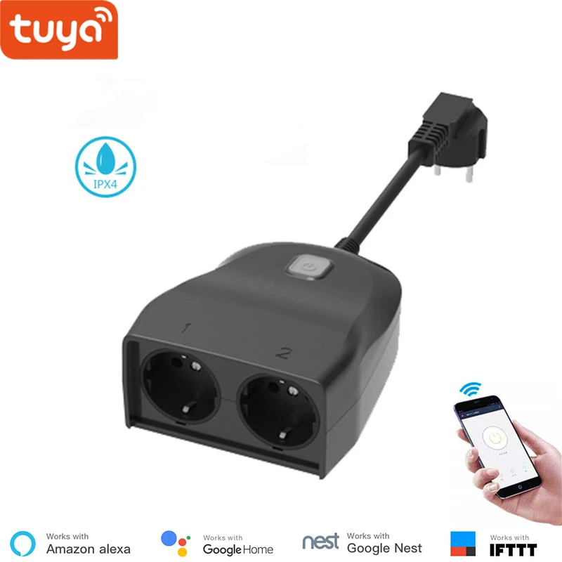 Google home compatible Tuya smart APP outdoor wifi socket EU standard 2  outlet IPX4 waterproof smart socket for home automation - AliExpress