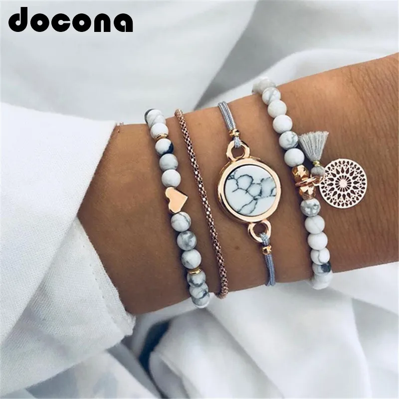 

docona Bohemian Gold Color Heart Beads Tassel Bracelet Set for Women Handmade Chains Rope Adjustable Bangle Set 6905