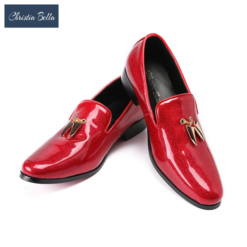Christia Bella Fashion Men Flats Shoes Handmade Shiny Red Party and Wedding Dress Loafers with Metal Shark Tooth Mocassins