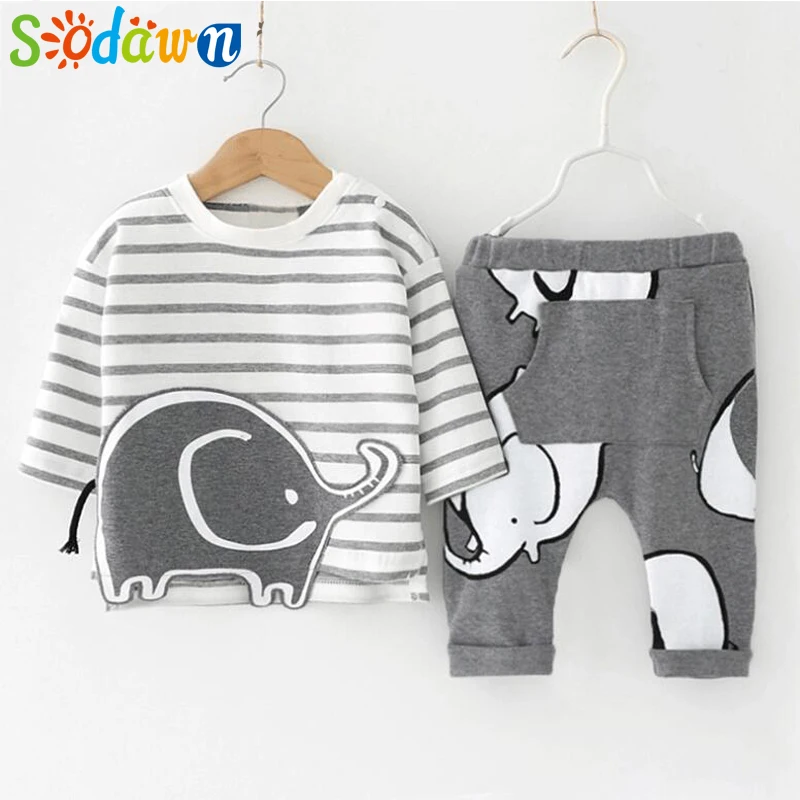 Sodawn/осенний хлопковый костюм для малышей; модная детская одежда с рисунком в полоску+ брюки; комплект из 2 предметов; Одежда для маленьких мальчиков; одежда для детей