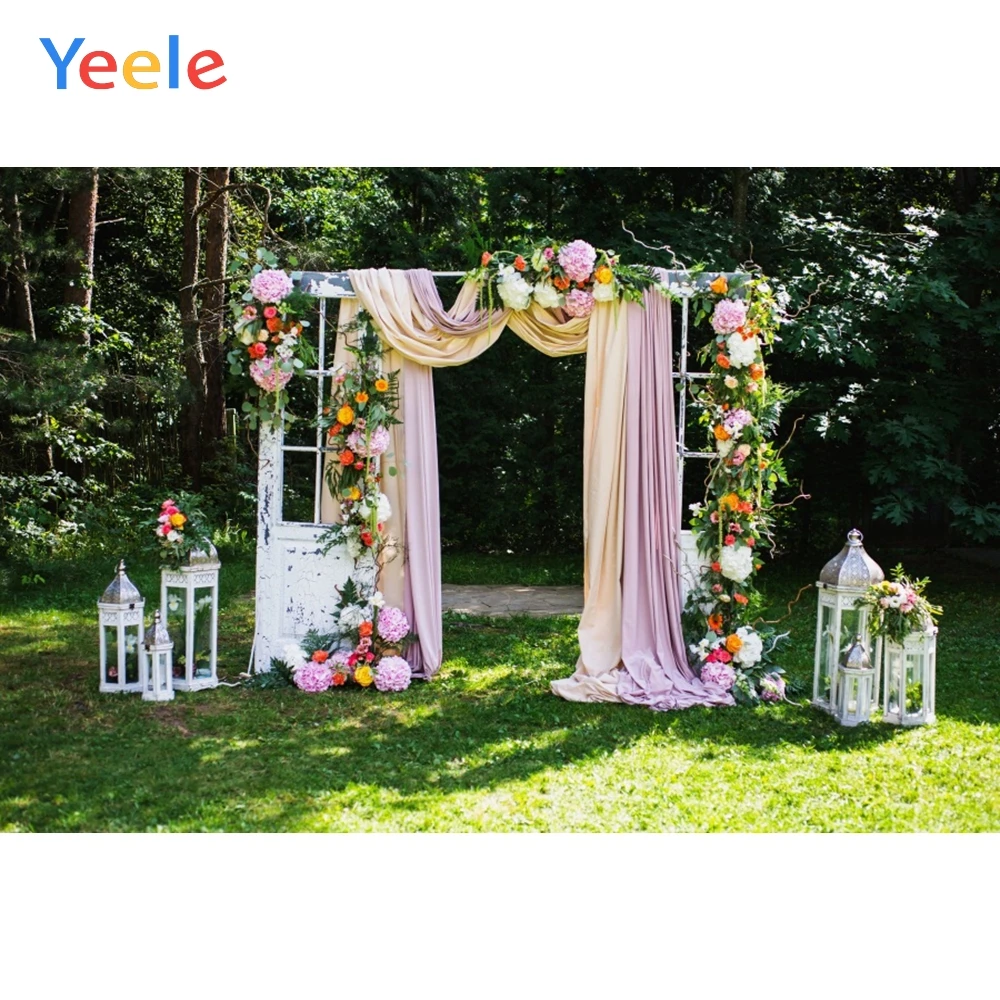 

Yeele Wedding Photocall Flower Frame Pink Curtain Forest Grassland Photography Background Photographic Backdrop for Photo Studio