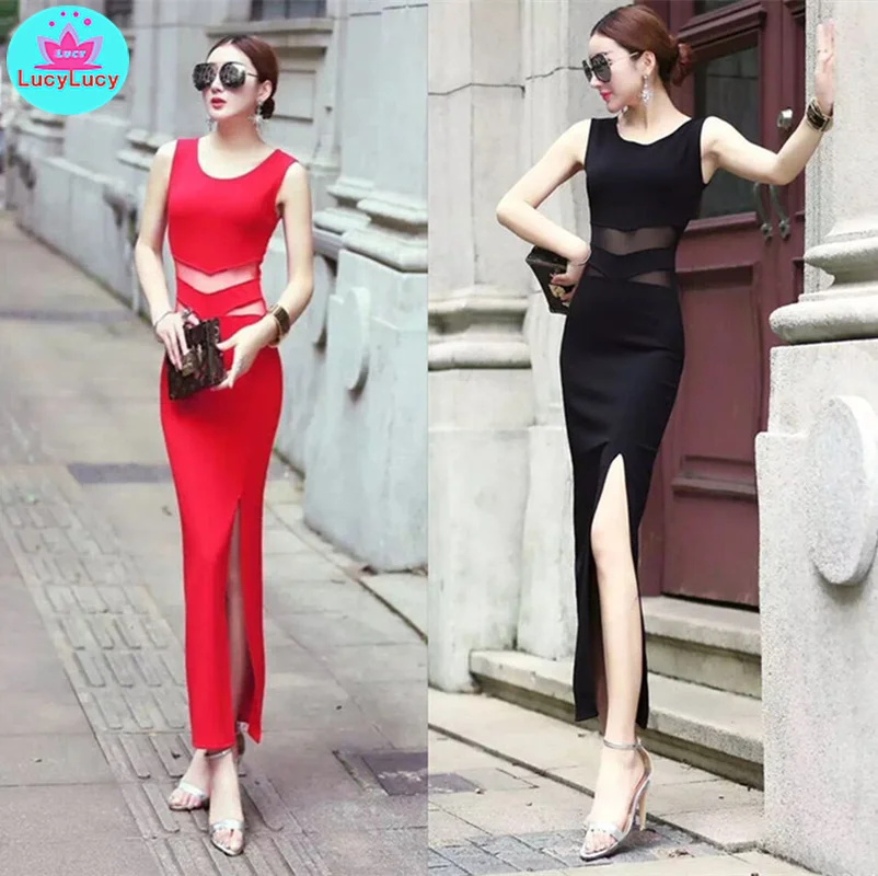 

2019 new summer round neck slimming sleeveless perspective high slit bag hip slim sexy nightclub round neck slim long dress