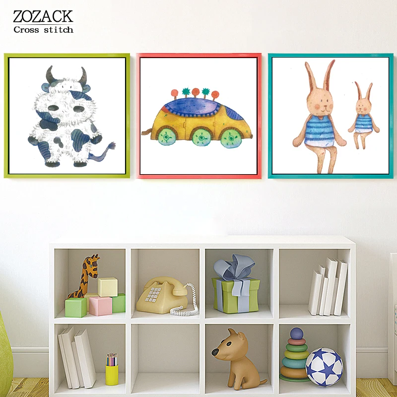 

Needlework Cross-stitch Full Embroidery Kit Cartoon Rabbit/cow/mouse Car Patterns Printed on Canvas Chinese DMC Cross Stitch Kit