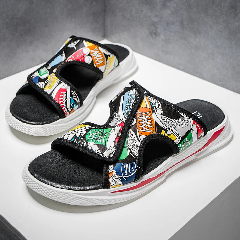 

Summer Sandals Men Slippers Casual Shoes Men canvas Carved Sandals Black Fashion Beach Slippers Men Big Size 38~45 C4