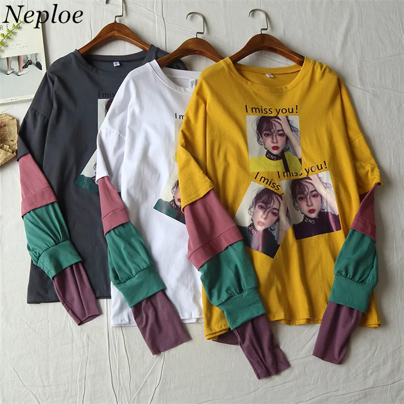 

Neploe 2019 Summer rainbow color sleeves patchwork Tee Modis long Sleeves Fashion Women T-shirt Casual loose modis Top 80016