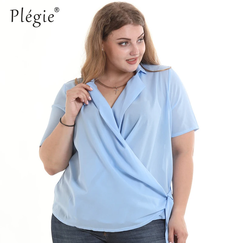 

Plegie 5XL 6XL Plus Size Shirt Blouse Women Short Sleeve V Neck Lace Up Sky Blue Laides Top 2019 Summer Womens Tops and Blouses