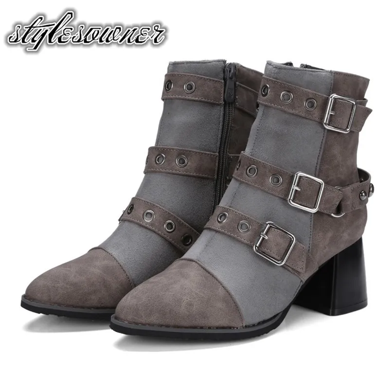 

Stylesowner 2018 New Arrival Punk Style Pointed Toe Woman Ankle Boots with Buckle Strap Hollow-out Concise Short Boots Simple