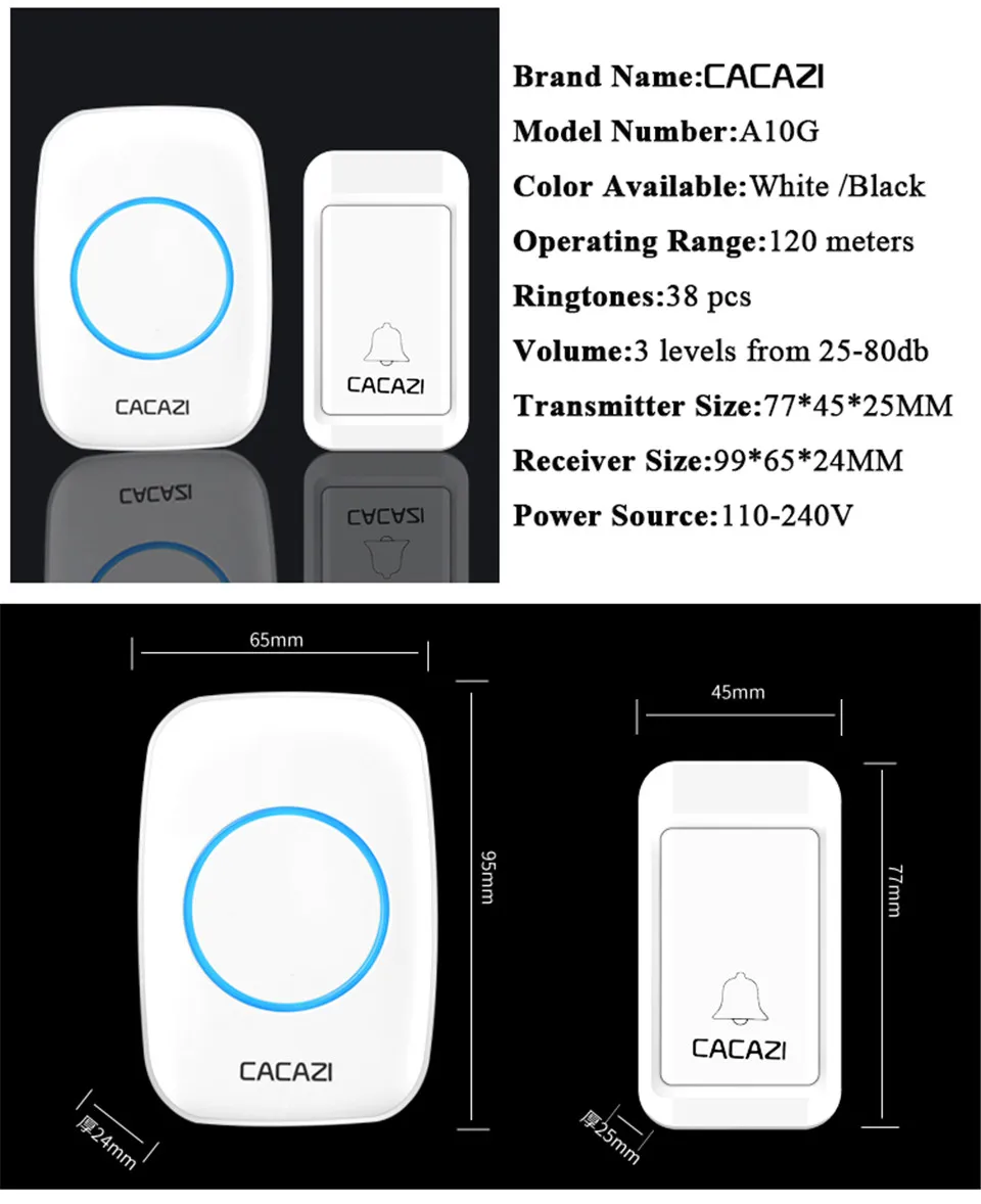 CACAZI автономный беспроводной дверной звонок без батареи Водонепроницаемый 2 кнопки 3 приемник Домашние беспроводные дверные колокольчики США ЕС Великобритания штекер
