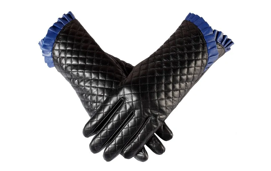 Женские перчатки, Запястье рот синий шнурок, Натуральная Кожа, Хлопок, Взрослый черный кожаные перчатки, Женские перчатки, женские