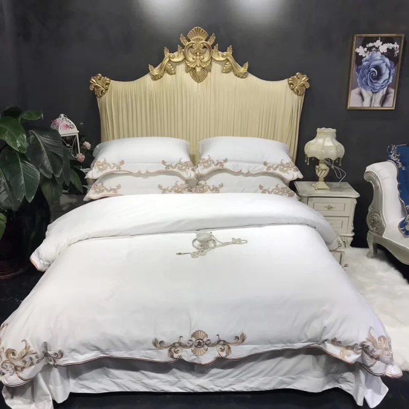 

Luxury Royal Embroidery 100S Egyptian Cotton European Palace Bedding Set White Blue Pink Duvet Cover Bed sheet/Linen Pillowcases