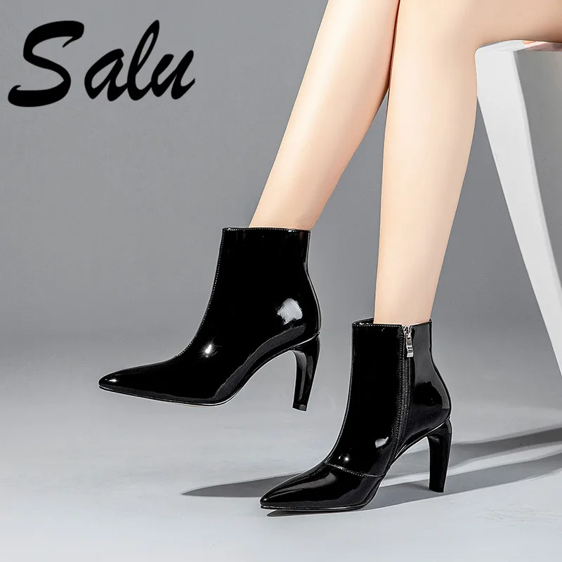 

Salu Fashion Women High Heeled Boots Black White Zipper Autumn Winter Warm Ankle Boots Female Office Night Club Shoes