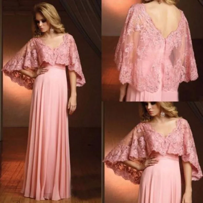 2017 New Elegant Pink Muslim Evening Dresses Long Cape Sleeve Lace