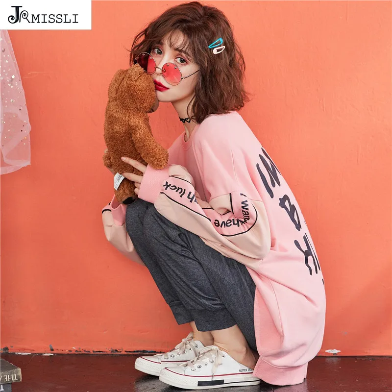 JRMISSLI, весенние новые женские пижамные комплекты, розовая пижама из чистого хлопка с буквенным принтом, домашняя одежда, костюмы из двух предметов, повседневный Пижамный пуловер