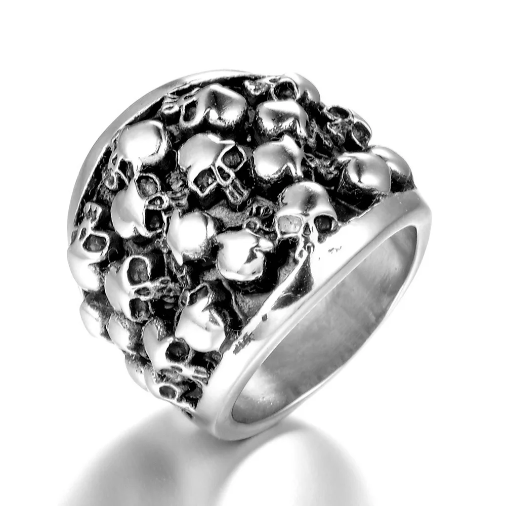 

Stainless Steel Man Men Rings Punk Rock HipHop Gothic Domineering Multiple Skull Carving for Biker Male Boy Fashion Jewelry Gift