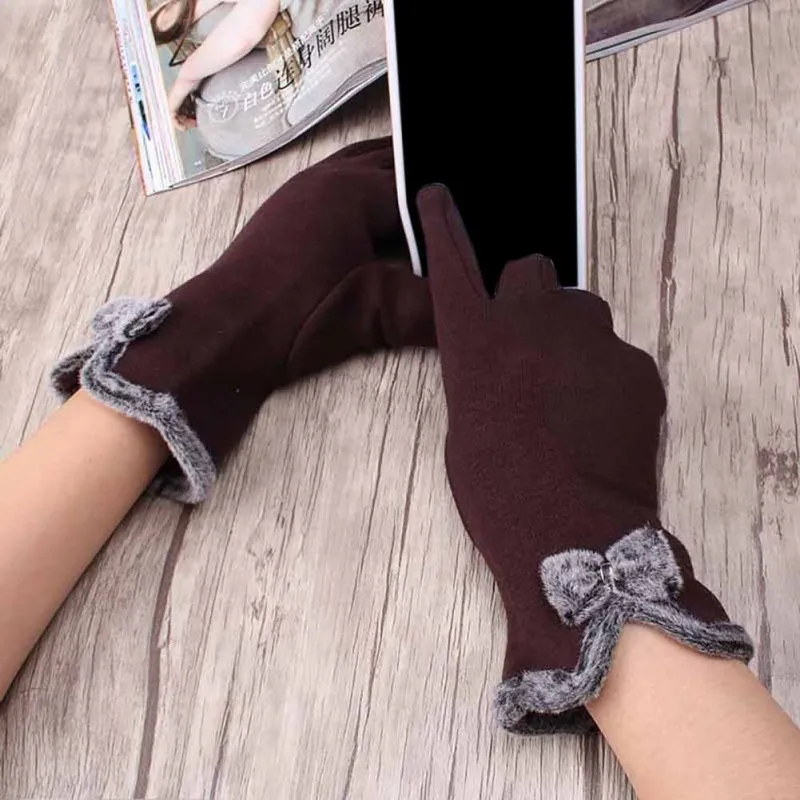 

Elegant Women Touch Screen Wrist Wool Gloves Female Lovely Bow Mittens Girls Warm Winter Cashmere Gloves