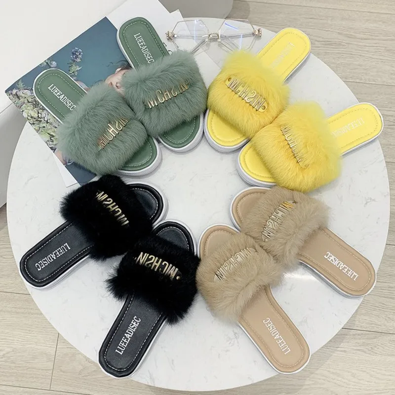 

2019 Summer Fur Slippers Women Shoes Indoor Fur Slides Home Furry Flat Sandals Ladies Fluffy Female Beach Shoes Woman Slipper