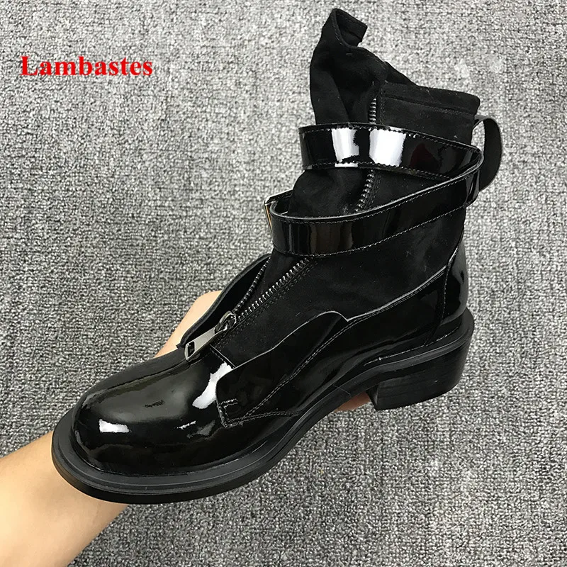 

Black Ankle High Boots Women Patent Leather Ankle Strap Zip Up Low Heel Boots Winter Shoes Punk Style Motorcycle Botas Femenina